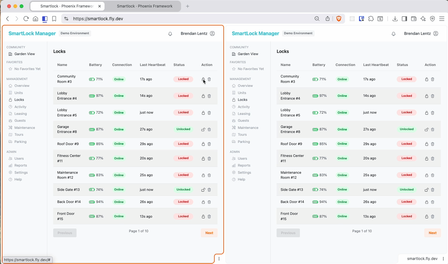 SmartLock Manager demo showing real-time sync across two browser tabs